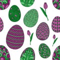 Seamless pattern with hand-drawn Easter eggs doodles and tulips. Vector background, color image on white background. Royalty Free Stock Photo